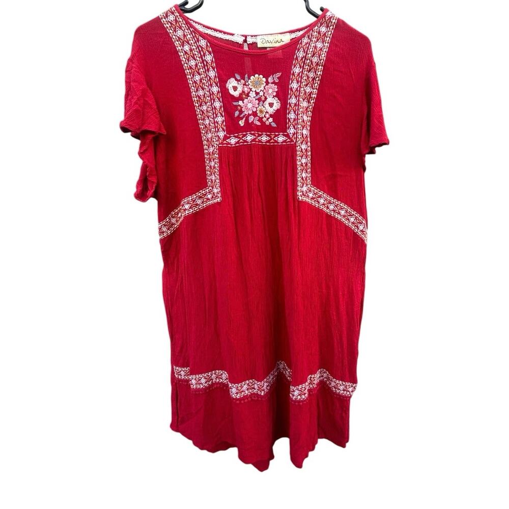 Davina Red Embroidered Boho Peasant Dress XL Floral Gauze Tunic